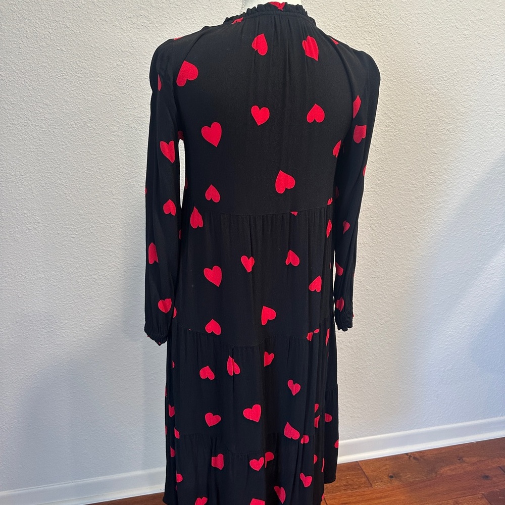 LOFT Black Long Sleeve Tiered Dress with Red Heart Print - Picture 4 of 5
